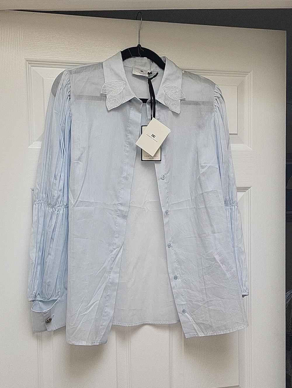 NWT Elisabetta Franchi Women’s Light Blue Embroidered-Collar Button-Up Blouse